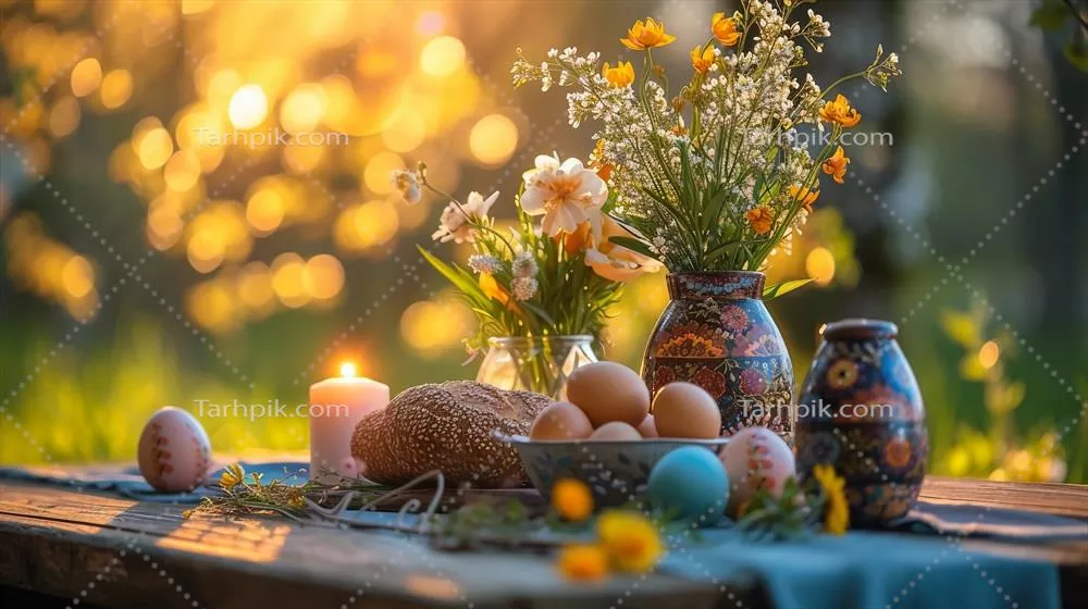 چیدمان میز عید پاک در فضای باز با گلدان‌های گل‌های بهاری و شمع‌های روشن