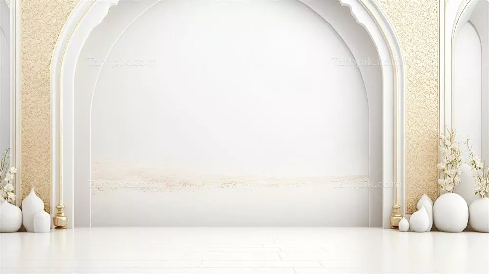 زمینه سه بعدی حداقلی ایجاده شده با هوش مصنوعی برای رمضان با رنگ سفید و طلایی