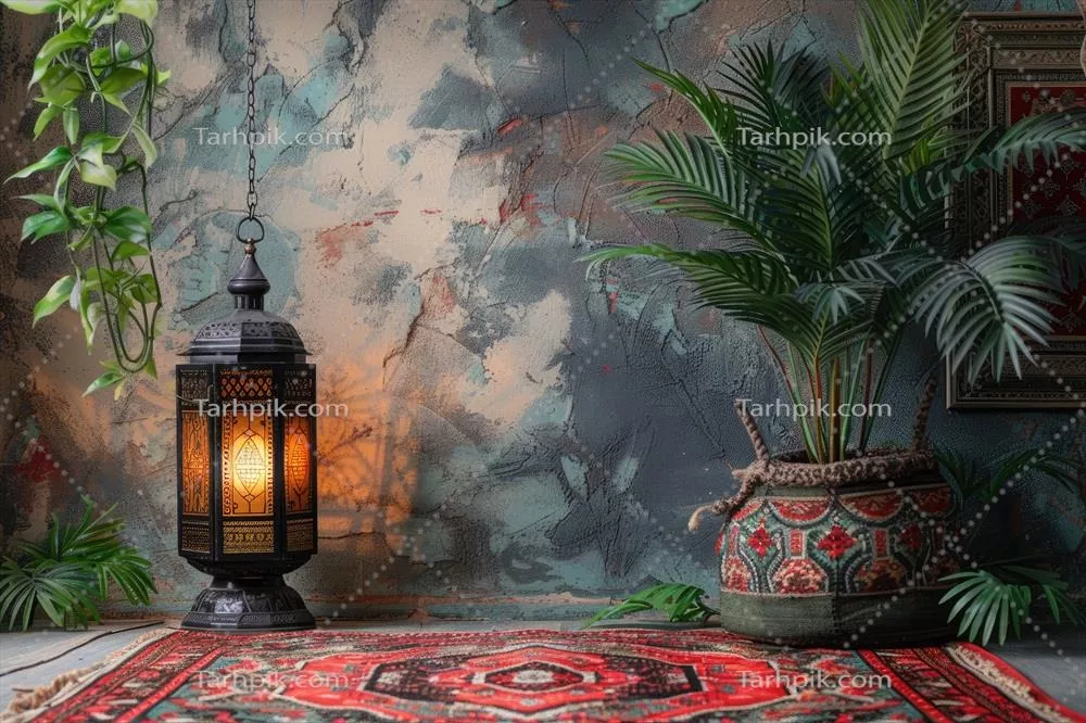 طراحی با استفاده از هوش مصنوعی: نقاشی آبرنگی با تزئینات رمضان و پسزمینه کارت تبریک اسلامی