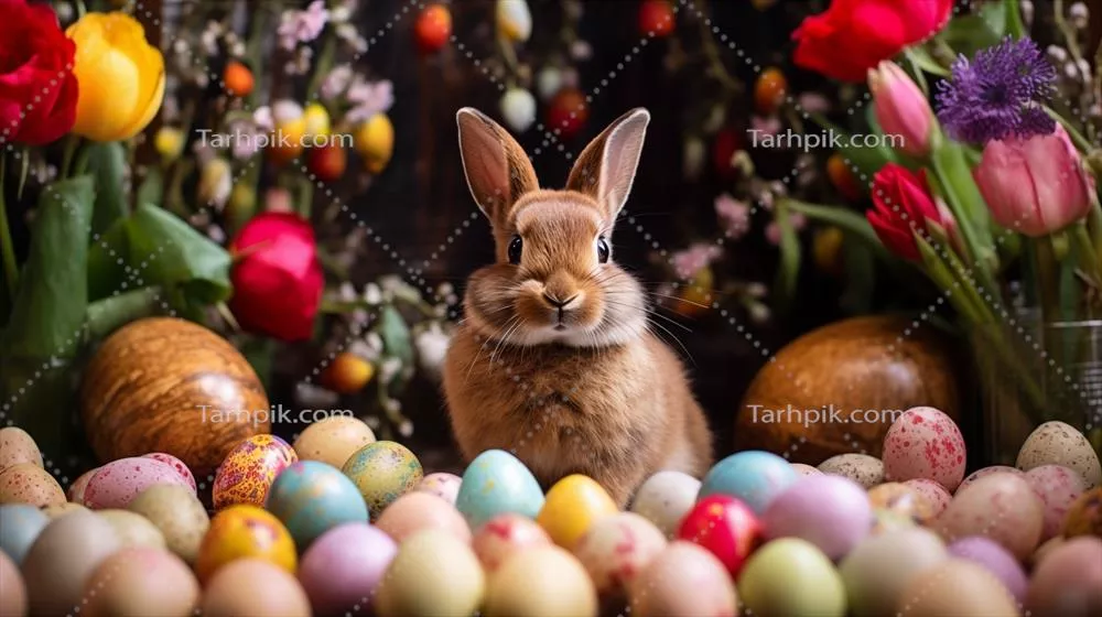 تصویر یک خرگوش قهوه‌ای بامزه با تخم‌مرغ‌های رنگی عید پاک و گل‌های بهاری