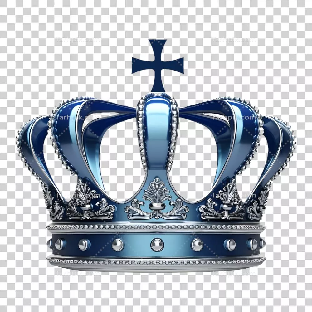 رندر سه بعدی تولید شده توسط هوش مصنوعی از تاج پادشاهی آبی رنگ بر روی پس‌زمینه شفاف