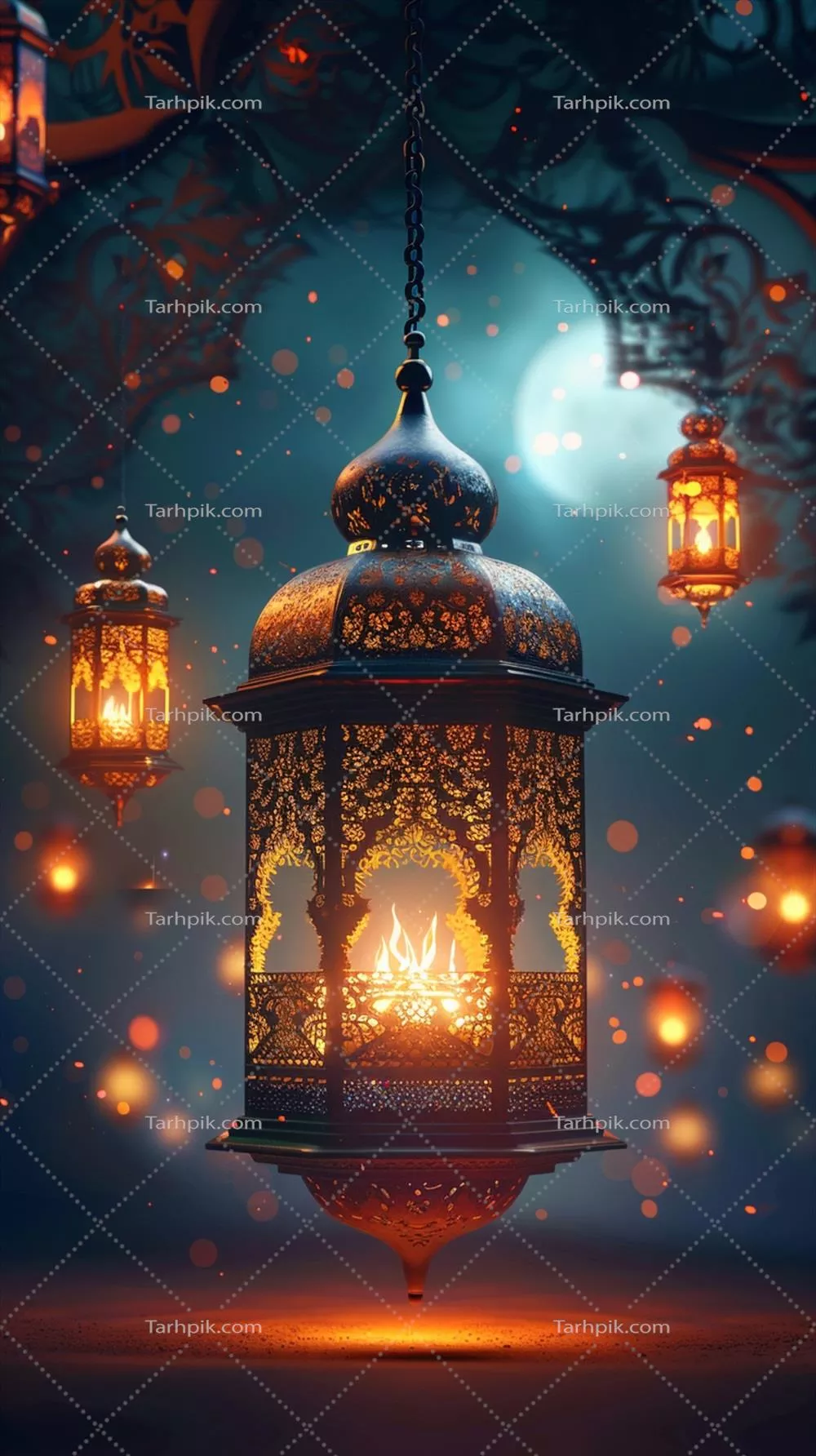 پیش زمینه هوش مصنوعی با چراغهای فانوسی برای جشنواره شاد رمضان