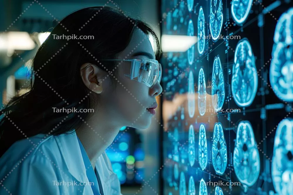پزشک زن در حال بررسی تصاویر MRI دقیق مغز در حوزه سلامت عصبی با استفاده از هوش مصنوعی