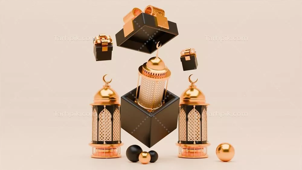 پسزمینه سهبعدی رمضان با فانوس، جعبههای هدیه و تزئینات اسلامی