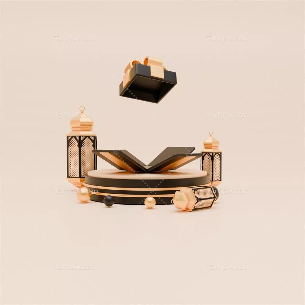 پسزمینه سهبعدی رمضان با فانوس، جعبههای هدیه و تزیینات اسلامی