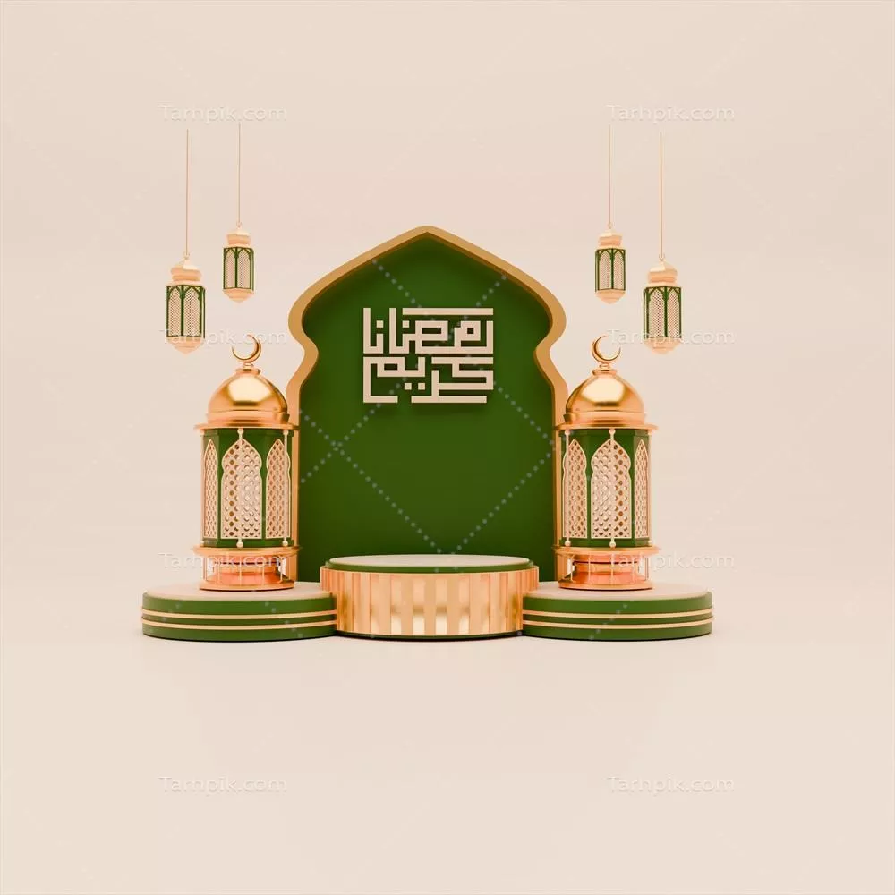 طراحی سه بعدی برای پس زمینه رمضان با podium و چراغ و تزئینات اسلامی برای قالب پست های رسانه اجتماعی