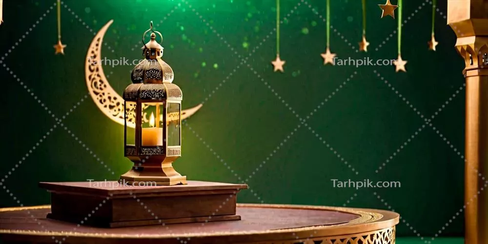 تبریک رمضان کریم با پسزمینه اسلامی و چراغهای عید و هلال ماه و ستاره