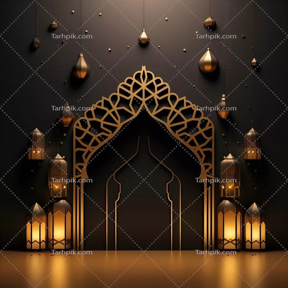 جشن رمضان لوکس تولید شده با هوش مصنوعی در پس‌زمینه معماری اسلامی با سبک مشکی روشن و برنز