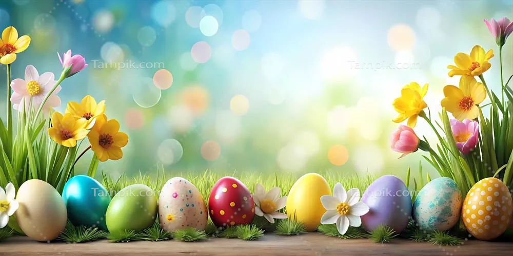 تصویر زمینه مخصوص عید پاک با تخ Eggs، گلها و فضاهای خالی برای متن