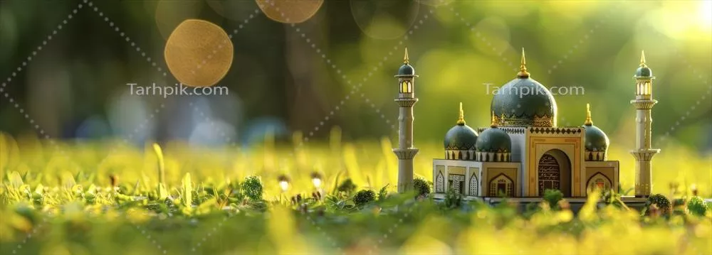 مدل کوچک مسجد تولیدشده با هوش مصنوعی در پسزمینهای از میدان سبز طبیعی