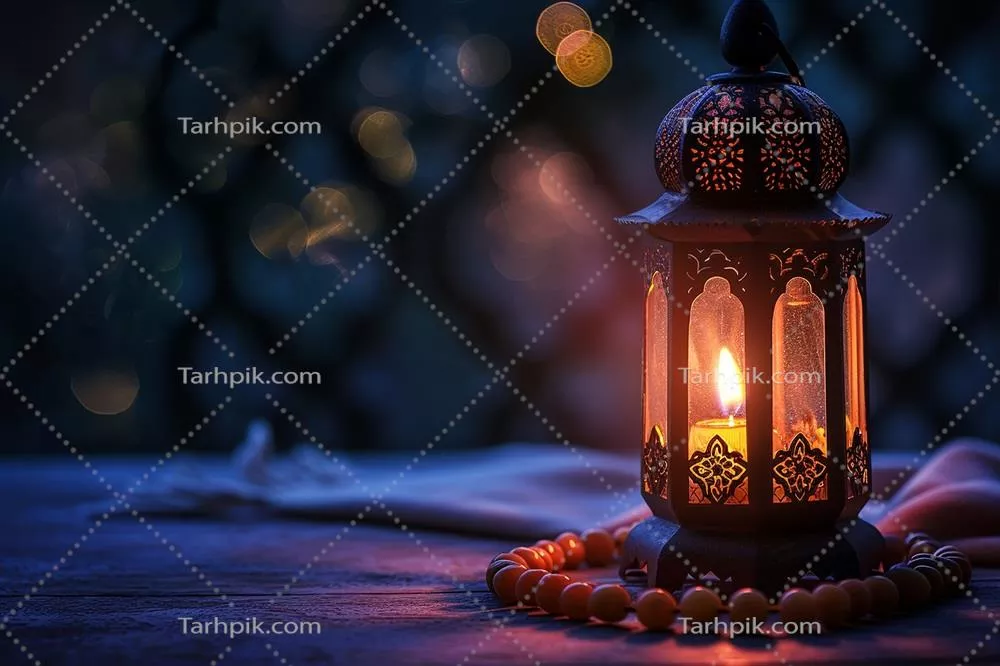 چراغی ساخته شده با هوش مصنوعی با شمع در حال سوختن و تسبیح بر روی میز در برابر نورهای محو