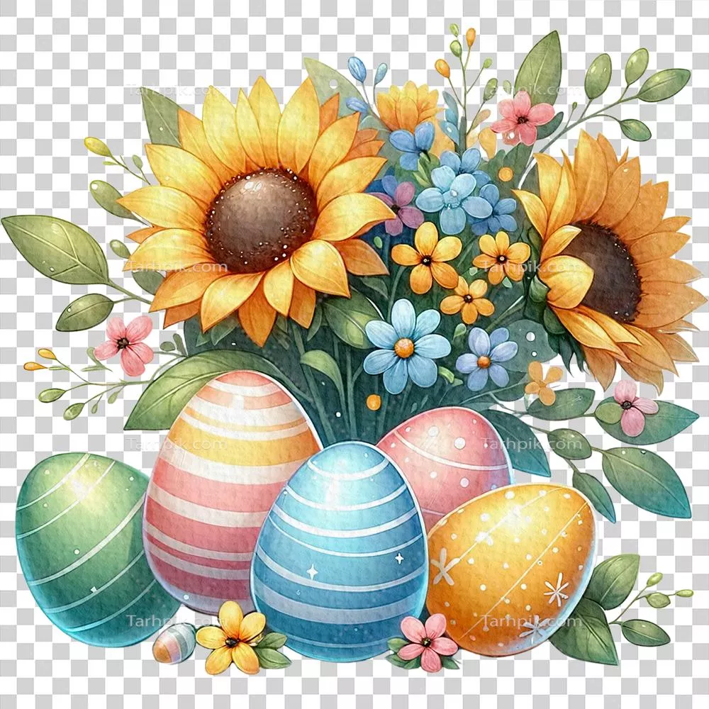 سبد گل عید پاک با رنگ‌آمیزی آبرنگ و تخم‌ مرغ‌های عید پاک تولید شده با هوش مصنوعی