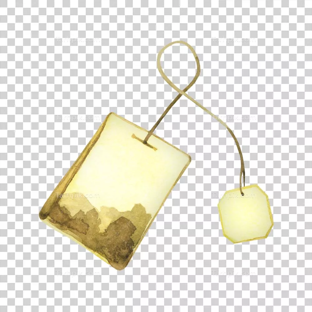 تصویرگری آبرنگ چای کیسه ای با برگ های چای و برچسب مناسب برای چاپ بر روی پارچه و کاغذ