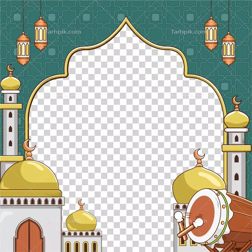کارت تبریک ماه مبارک رمضان با طراحی قاب مسجد و تصویر طبل