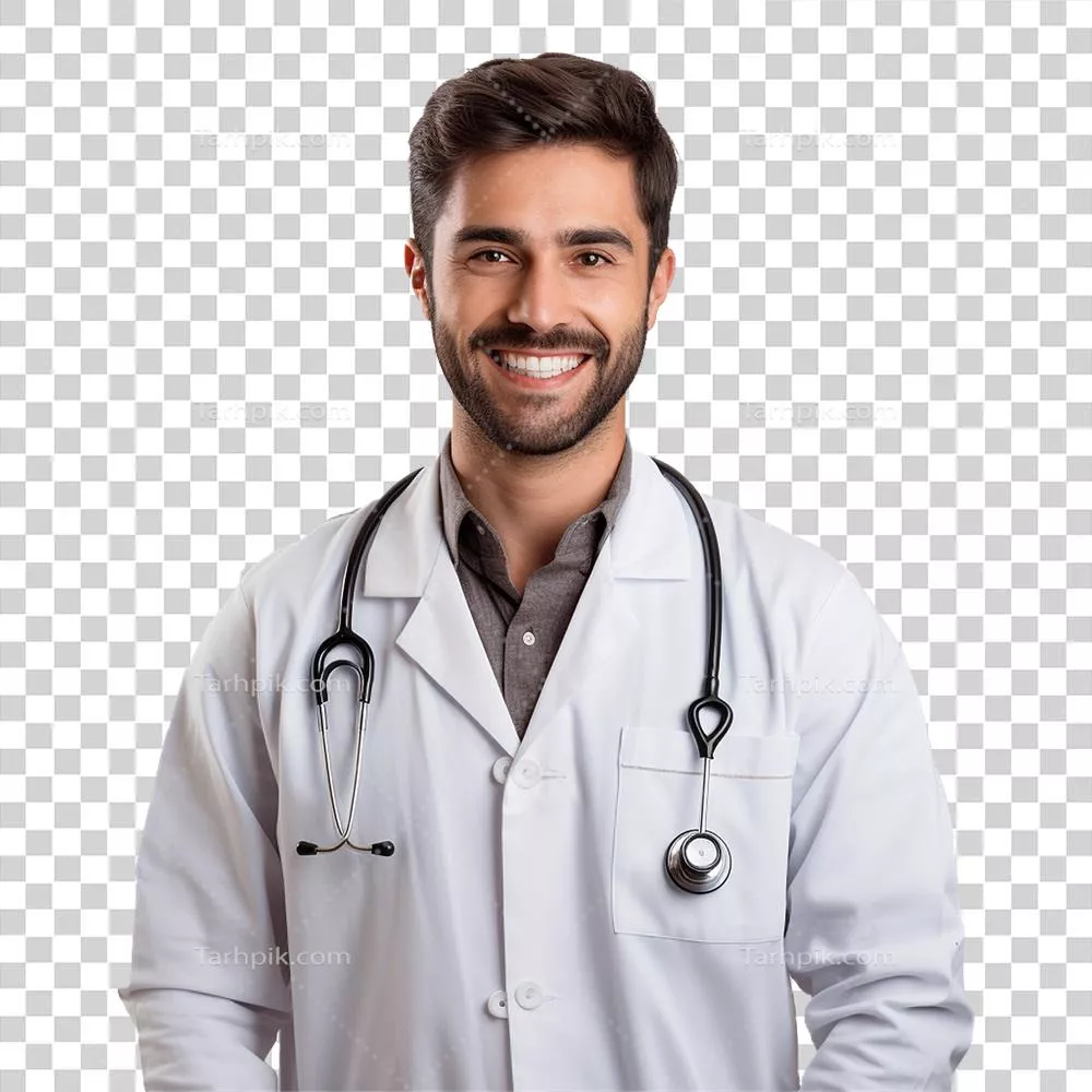 دکتر مبتکر هوش مصنوعی با لبخندی دلنشین و عینک در کت سفید بر روی پسزمینه شفاف