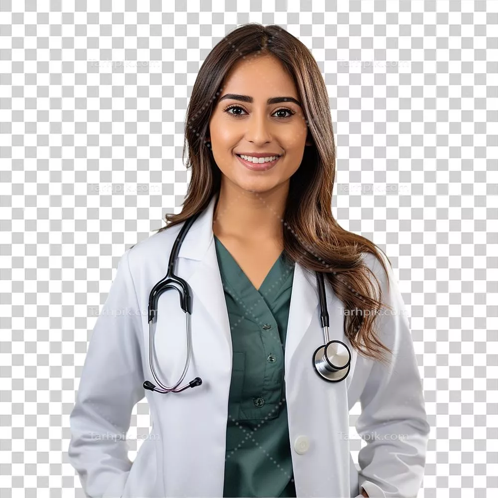 فراوری تصویر یک پزشک زن با گوشی پزشکی در پسزمینه شفاف