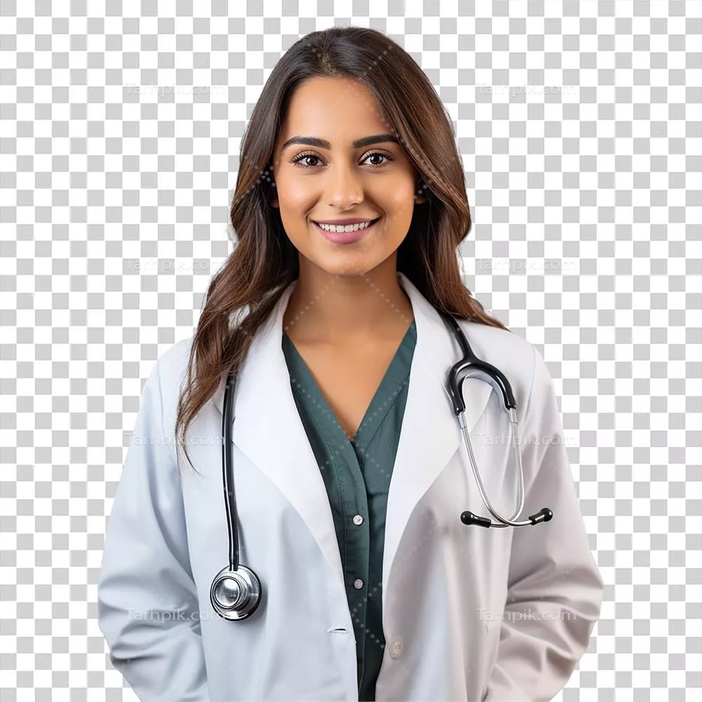 دکتر زن با گوشی پزشکی بر روی پسزمینه شفاف طراحی شده توسط هوش مصنوعی