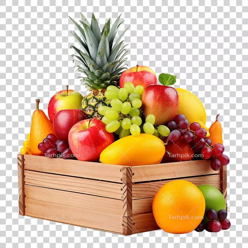 میوههای تولید شده با هوش مصنوعی در جعبه چوبی با پسزمینه شفاف