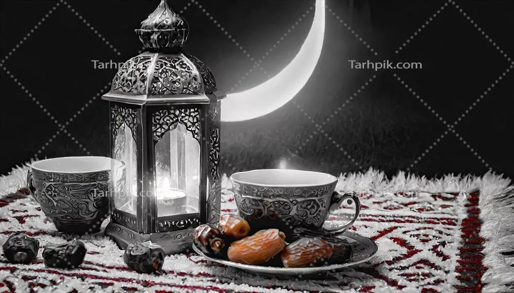 چراغ سنتی رمضان و عید با طراحی هوش مصنوعی و تزیینات هلال ماه و میوهها