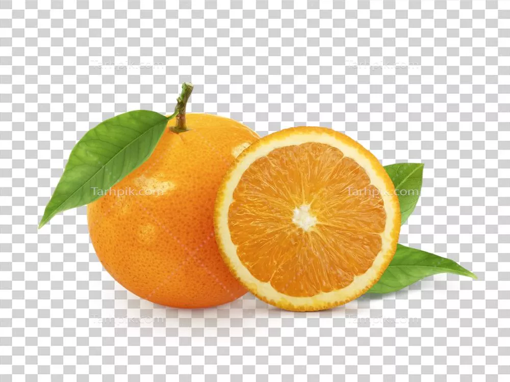 میوه نارنگی یا ماندارین با برگها بر روی پسزمینه شفاف