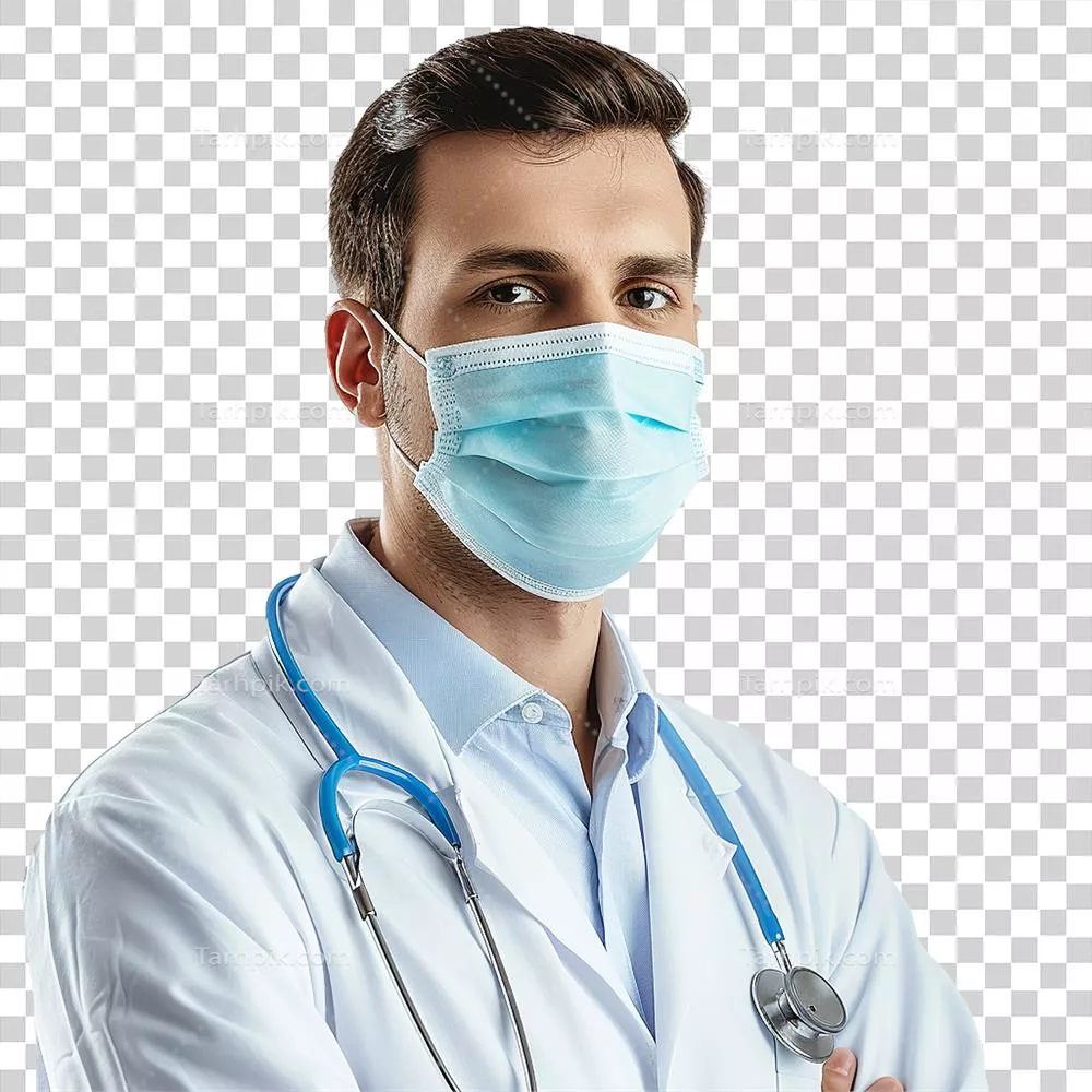 دکتر تولید شده توسط هوش مصنوعی با ماسک صورت در پس‌زمینه شفاف