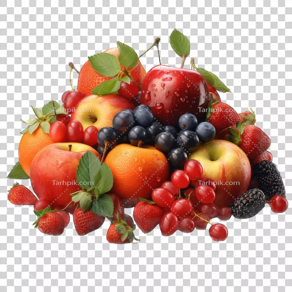 میوههای تابستانی تازه تولید شده توسط هوش مصنوعی با سیب، انگور، توت، گلابی و زردآلو در پسزمینه شفاف