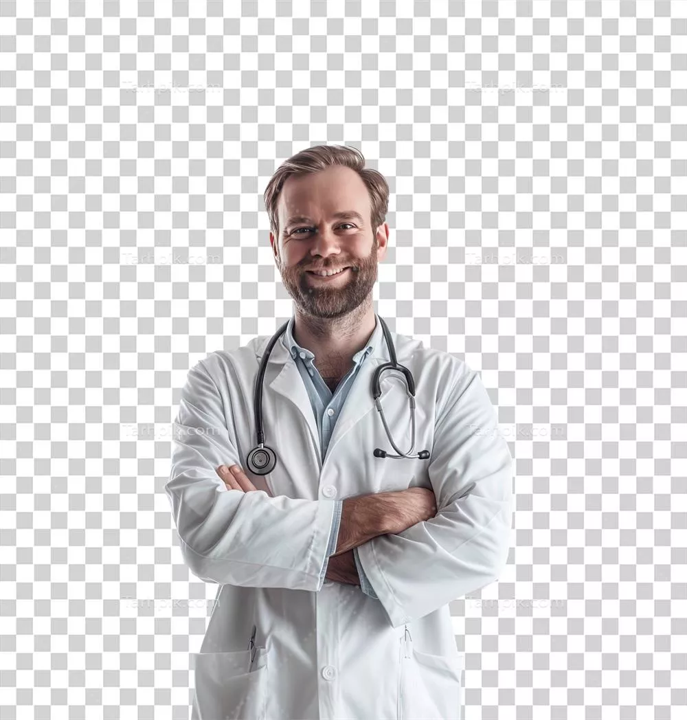 پرتره ای از یک پزشک مرد مطمئن و خوشرو در زمینه پزشکی و سلامت