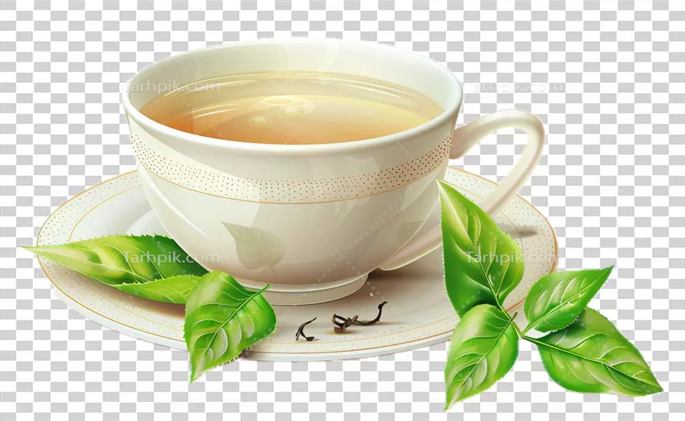 چای سبز تولید شده توسط هوش مصنوعی در لیوان شفاف با برگهای تازه