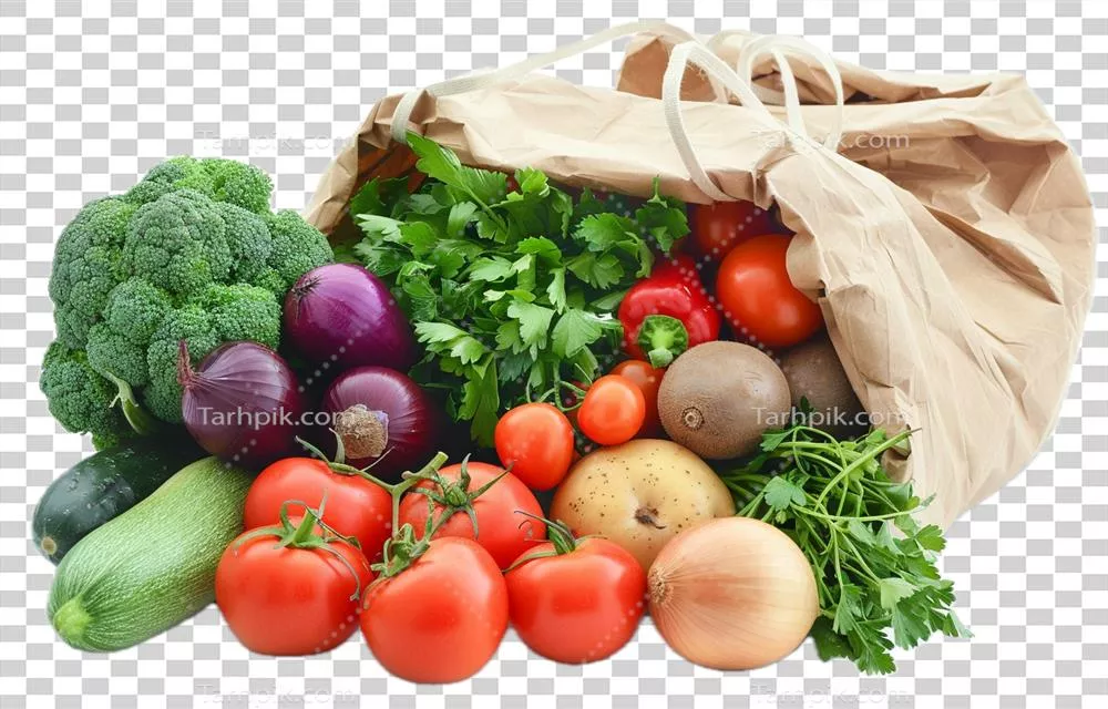 سبزیجات و میوههای تازه تولید شده توسط هوش مصنوعی در کیسه کاغذی