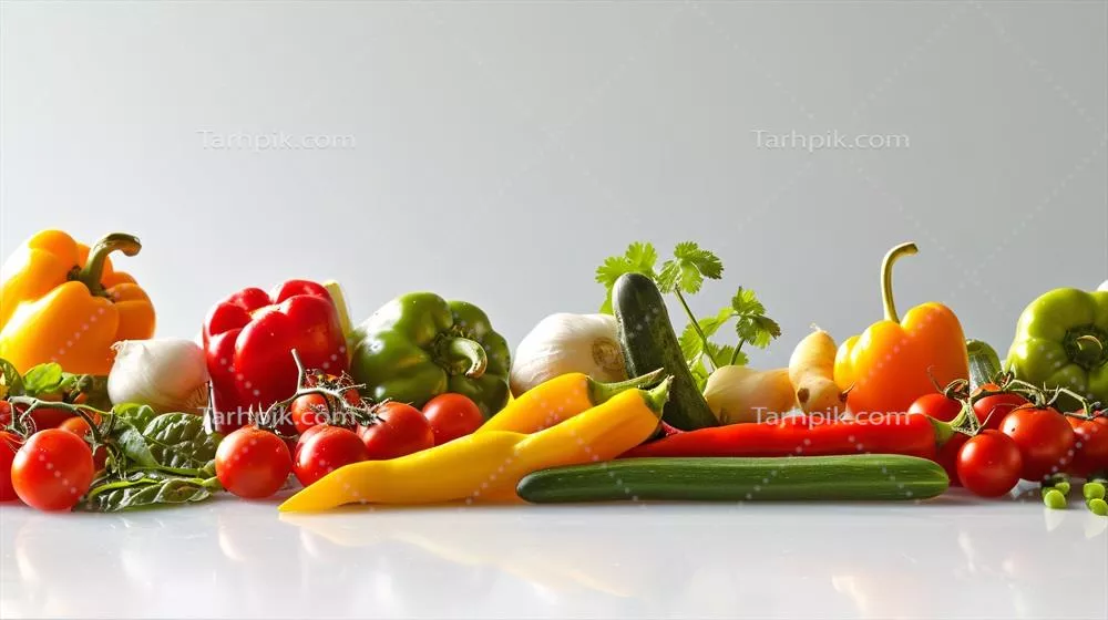 چیدمان رنگارنگ و جذاب سبزیجات و گیاهان تازه بر روی سطح سفید