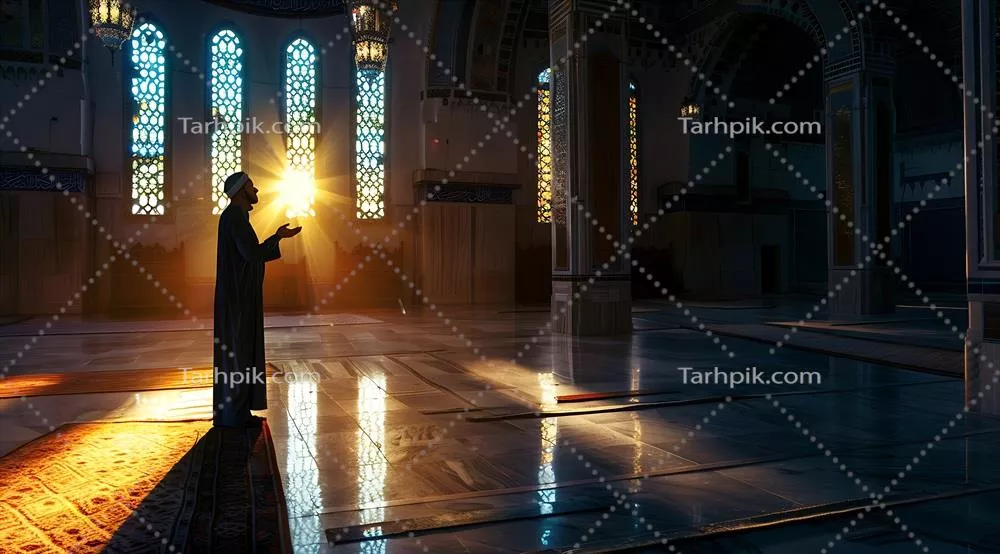 مرد مسلمان در حال نماز خواندن در شب در مسجد