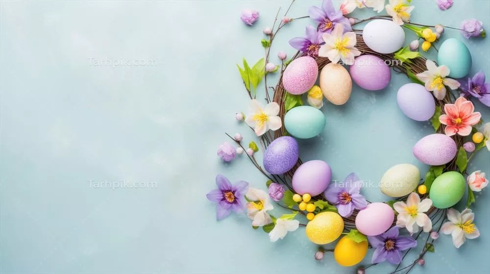 تزیینات عید پاک: تخ Eggs و گل های رنگارنگ بر روی پس زمینه آبی