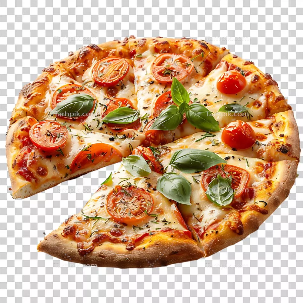 پیتزای تازه پختهشده با برش روی پسزمینه شفاف و ایزوله