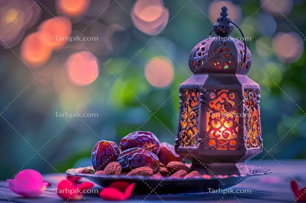چراغ تزیینی در کنار بشقاب پر از خوراکی های خوشمزه
