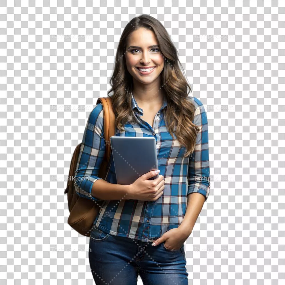 زنی با پیراهن چهارخانه که تبلت را در دست دارد بر روی پسزمینه شفاف