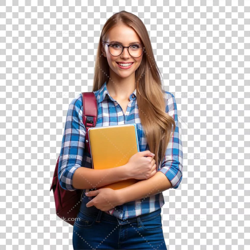 زن با عینک در حال نگهداری پوشه و لبخند زدن بر روی پسزمینه شفاف