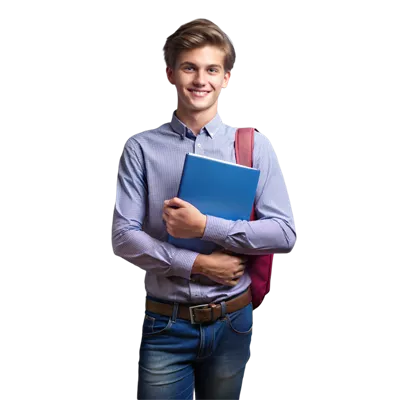 دانش‌آموز جوان با لبخند و کوله‌پشتی، کتاب در دست، پس‌زمینه شفاف