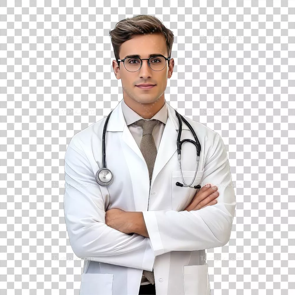 دکتر جوان و خوش تیپ با گوشی پزشک بر روی پس زمینه شفاف