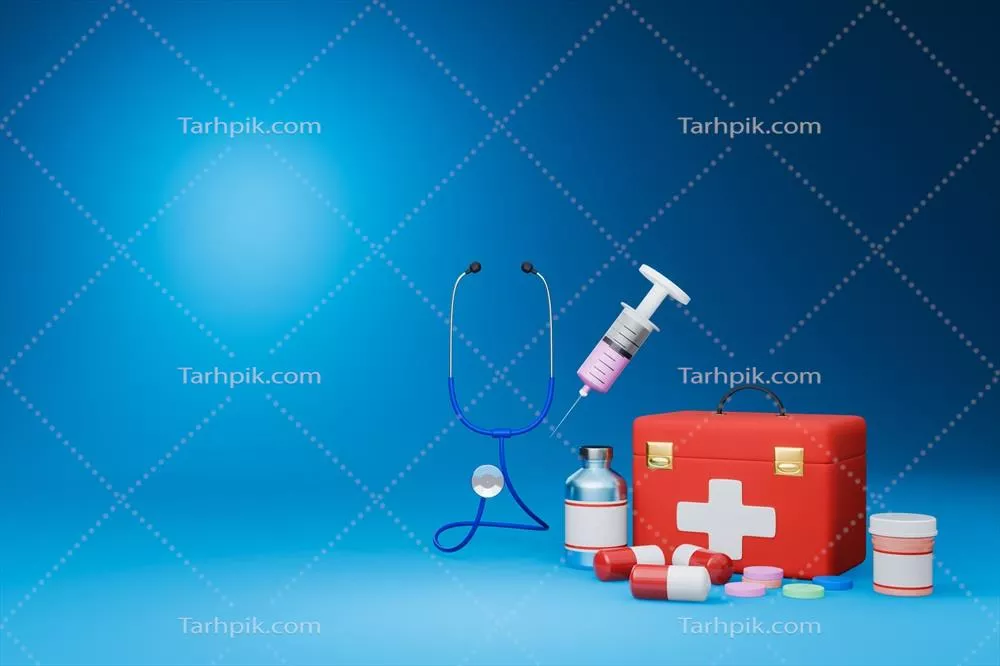 جعبه کمک های اولیه قرمز برای شرایط اضطراری پزشکی با طراحی سه بعدی و پس زمینه آبی