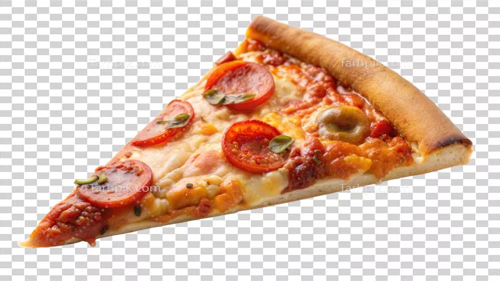 یک تکه پیتزا با فلفل دلمهای و گوجهفرنگی تازه و خوشمزه