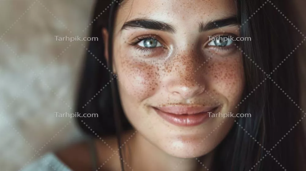 پوستری از پرتره نزدیک یک زن خوشبخت با کک و مک و چشمهای آبی، زیبایی طبیعی و تنوع فرهنگی