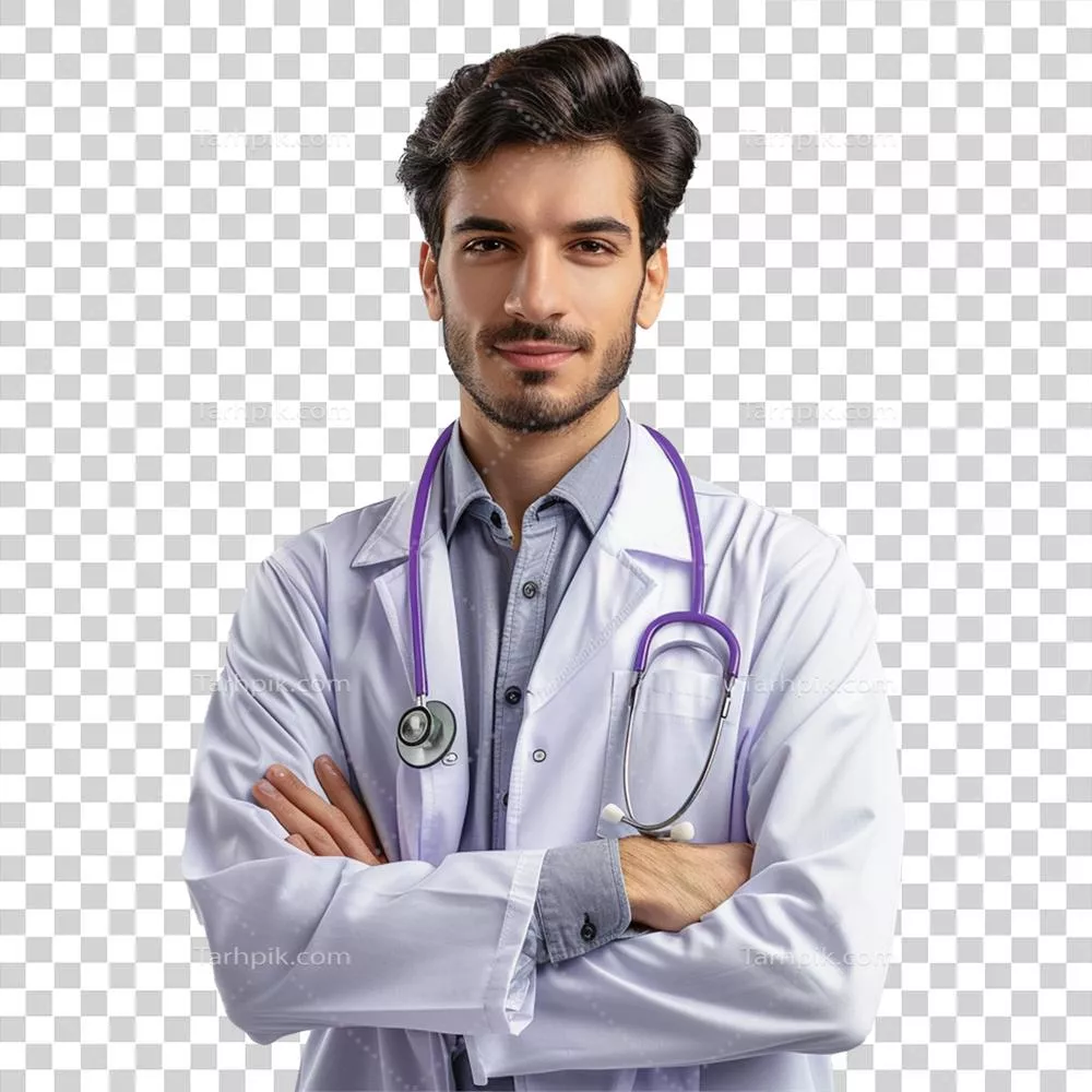 پرتره یک پزشک در پس زمینه ای سفید و ایزوله شده