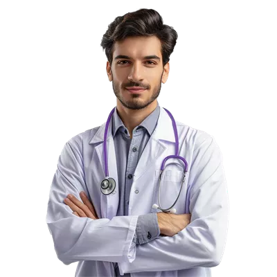 پرتره یک پزشک در پس زمینه ای سفید و ایزوله شده