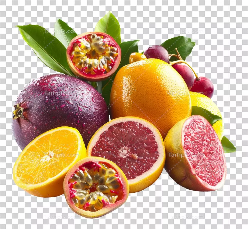 مجموعهای از میوههای گرمسیری با قطرات آب تازه بر روی پسزمینه شفاف