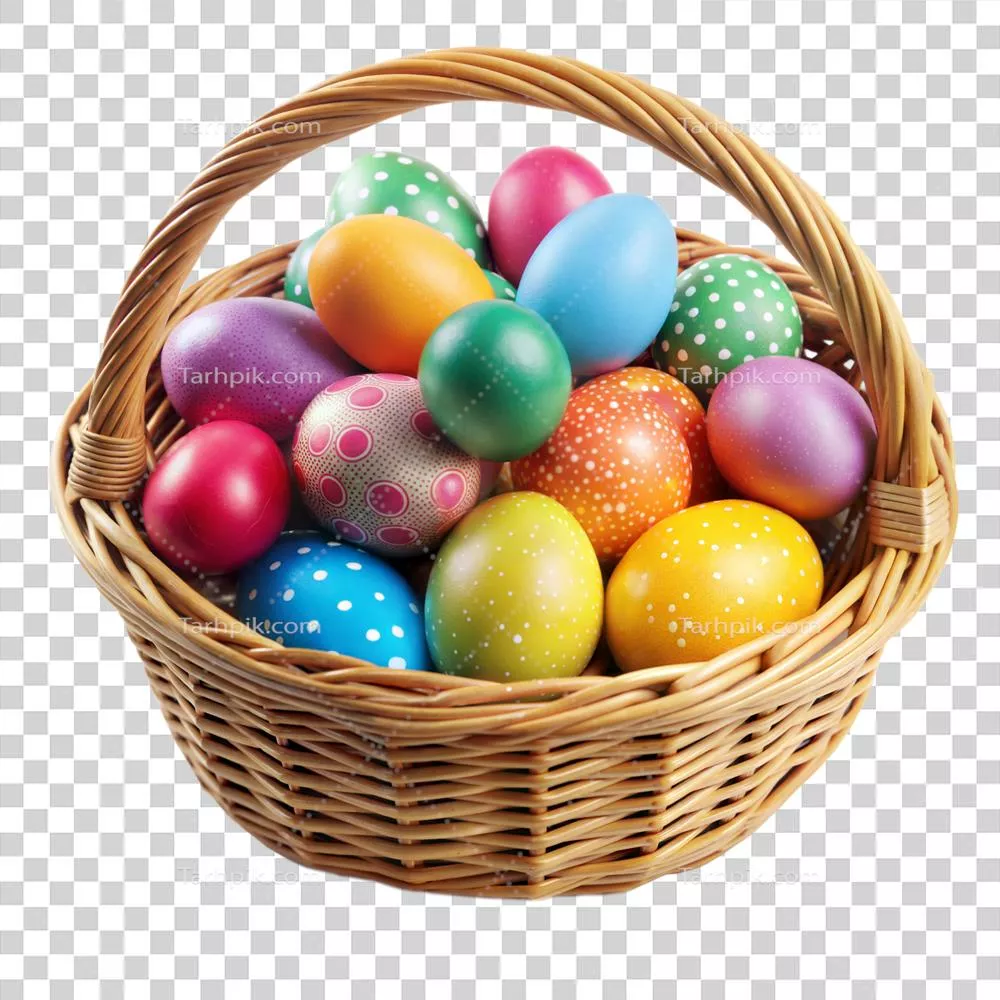 تزیین رنگارنگ تخ Eggs در سبد بافته شده برای جشن عید پاک