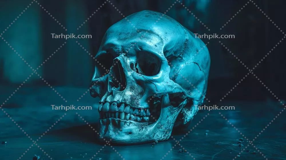 مطالعه آناتومی: اسکلت انسانی بر روی زمینه تاریک آبی برای آموزش علمی و هالووین