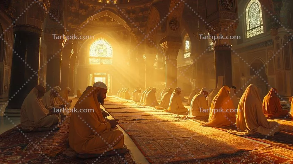 گروه مردان در حال مطالعه متون مقدس در داخل یک مسجد