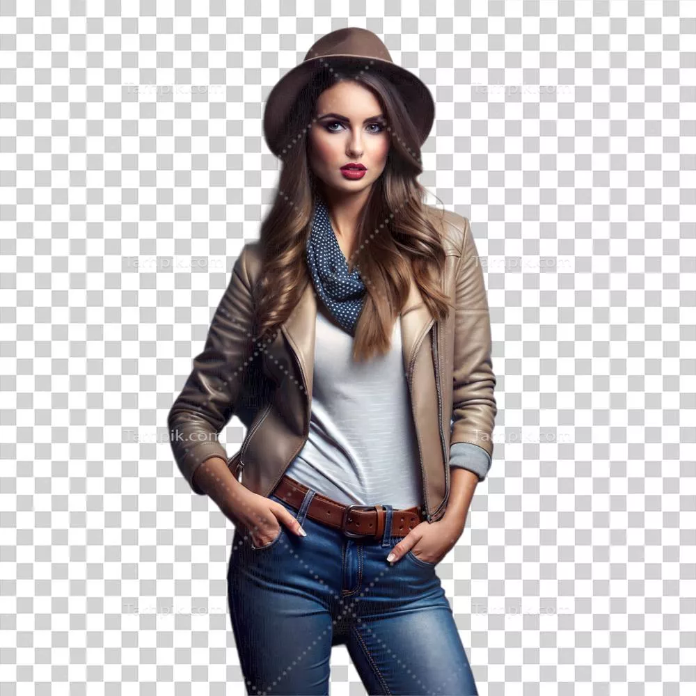 زن شیک با کلاه و ژاکت چرم بر روی پسزمینه شفاف
