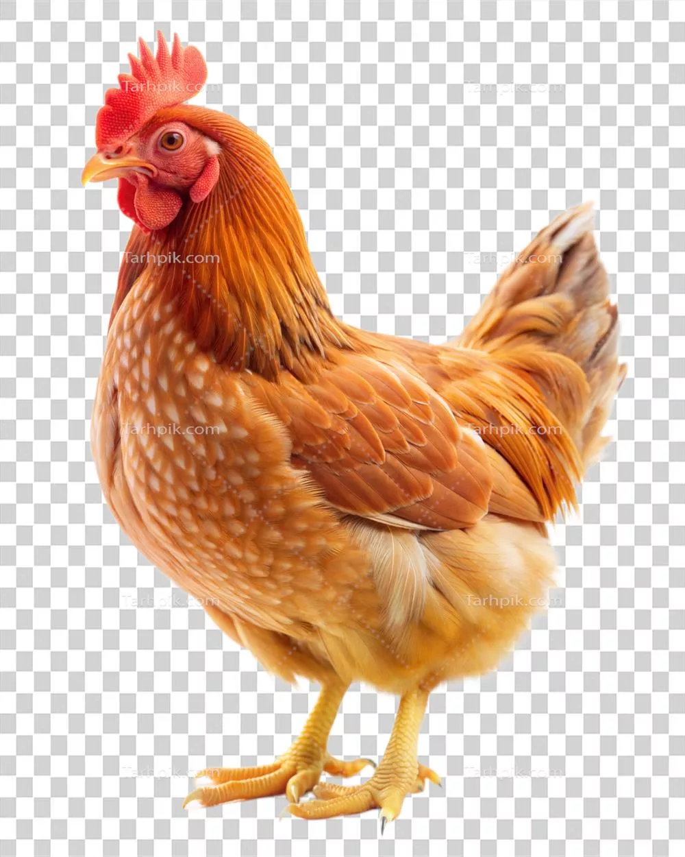 تصویری از مرغ طلایی قهوه‌ای با پرهای جزیی در پس‌زمینه شفاف