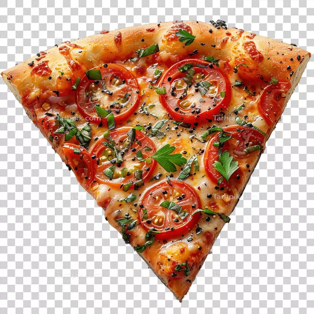 برش پیتزا مثلثی بر روی پسزمینه شفاف از نمای بالا
